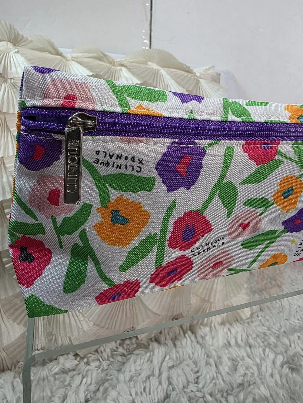Clinique Floral Cosmetic Bag in White with Pink, Purple & Orange Blooms